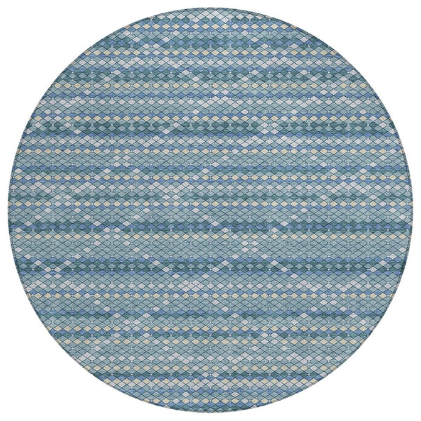HomeRoots 5' Denim Blue and Teal Geometric Indoor Outdoor Area Rug – Stylish, Durable, and Easy to Clean! 8' Round 610686
