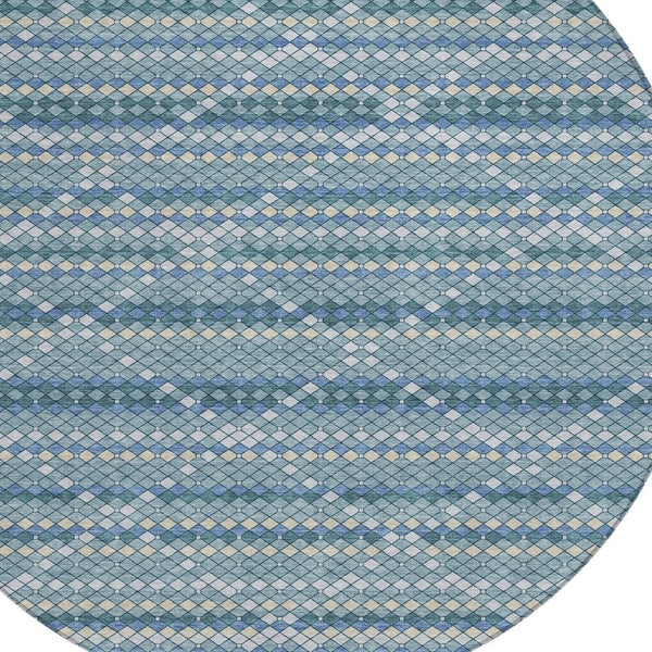 HomeRoots 5' Denim Blue and Teal Geometric Indoor Outdoor Area Rug – Stylish, Durable, and Easy to Clean! 8' Round 610686