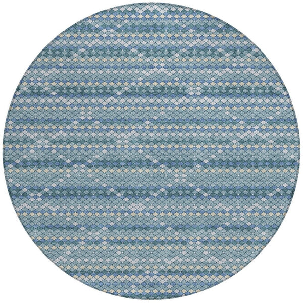 HomeRoots 5' Denim Blue and Teal Geometric Indoor Outdoor Area Rug – Stylish, Durable, and Easy to Clean! 8' Round 610686