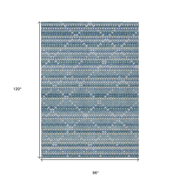 HomeRoots 5' Denim Blue and Teal Geometric Indoor Outdoor Area Rug – Stylish, Durable, and Easy to Clean! 8' X 10' 610687