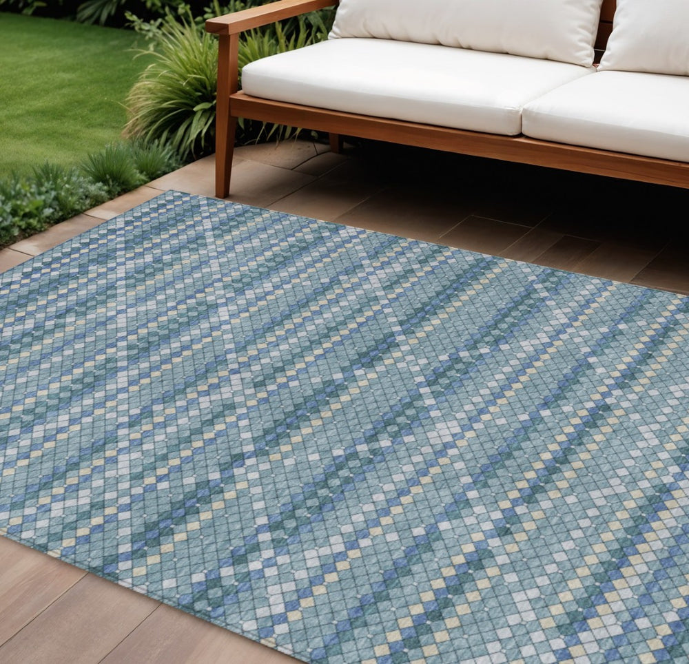 HomeRoots 5' Denim Blue and Teal Geometric Indoor Outdoor Area Rug – Stylish, Durable, and Easy to Clean! 8' X 10' 610687
