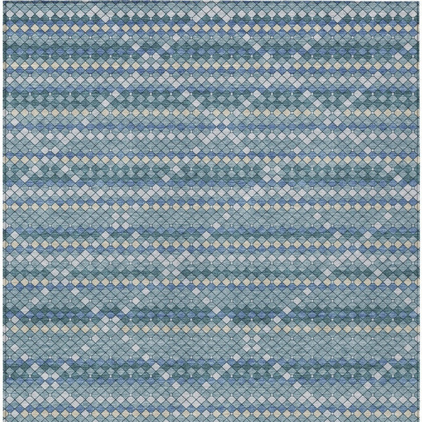 HomeRoots 5' Denim Blue and Teal Geometric Indoor Outdoor Area Rug – Stylish, Durable, and Easy to Clean! 9' X 12' 610688