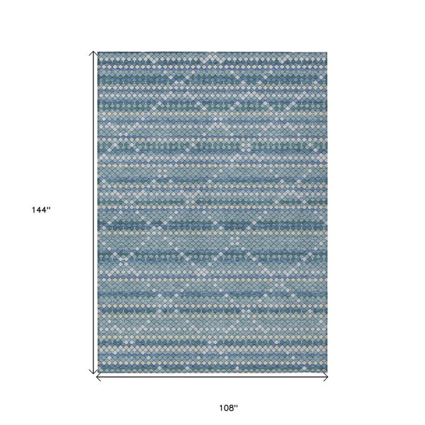 HomeRoots 5' Denim Blue and Teal Geometric Indoor Outdoor Area Rug – Stylish, Durable, and Easy to Clean! 9' X 12' 610688