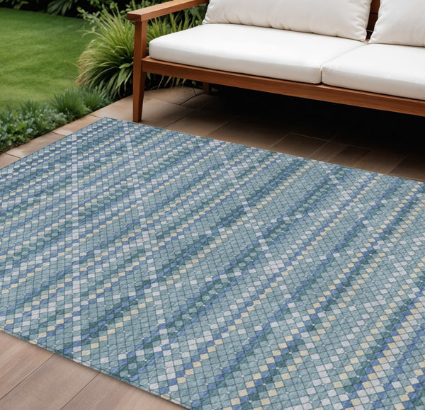 HomeRoots 5' Denim Blue and Teal Geometric Indoor Outdoor Area Rug – Stylish, Durable, and Easy to Clean! 9' X 12' 610688