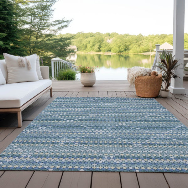 HomeRoots 5' Denim Blue and Teal Geometric Indoor Outdoor Area Rug – Stylish, Durable, and Easy to Clean! 9' X 12' 610688