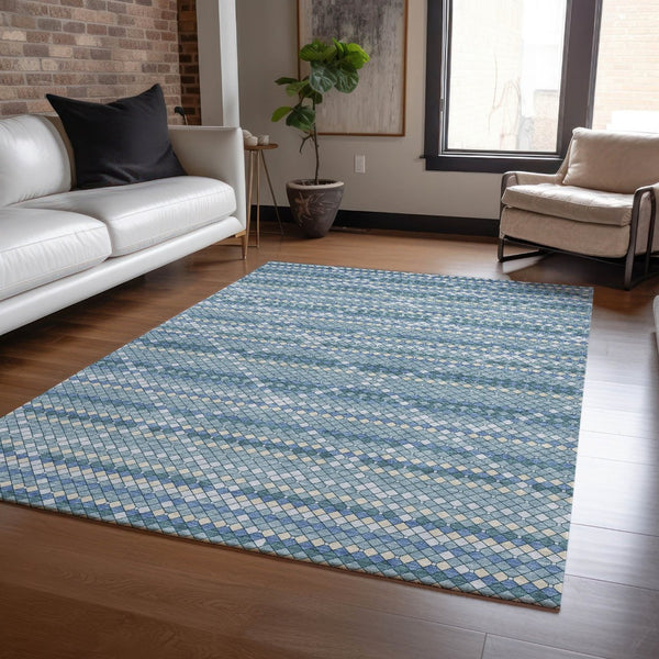 HomeRoots 5' Denim Blue and Teal Geometric Indoor Outdoor Area Rug – Stylish, Durable, and Easy to Clean! 9' X 12' 610688