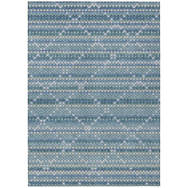 HomeRoots 5' Denim Blue and Teal Geometric Indoor Outdoor Area Rug – Stylish, Durable, and Easy to Clean! 10' X 14' 610689