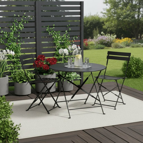 HomeRoots Three Piece Black Metal Dining Set - Compact Bistro Table with Two Ergonomic Chairs for Small Spaces 610690