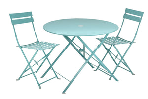 HomeRoots Three Piece Teal Blue Metal Dining Set – Stylish Round Table & Two Chairs for Cozy Outdoor Spaces 610691