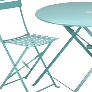 HomeRoots Three Piece Teal Blue Metal Dining Set – Stylish Round Table & Two Chairs for Cozy Outdoor Spaces 610691