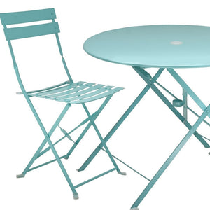 HomeRoots Three Piece Teal Blue Metal Dining Set – Stylish Round Table & Two Chairs for Cozy Outdoor Spaces 610691