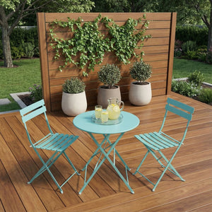 HomeRoots Three Piece Teal Blue Metal Dining Set – Stylish Round Table & Two Chairs for Cozy Outdoor Spaces 610691