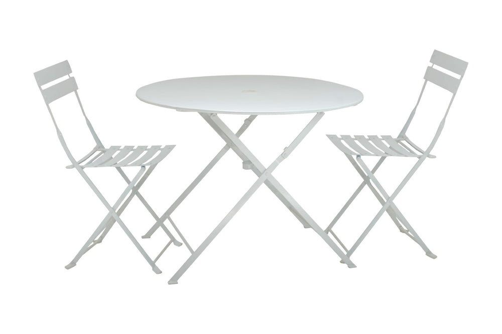 HomeRoots Three Piece White Metal Dining Set - Elegant Round Table with 2 Chairs for Cozy Outdoor Spaces 610692