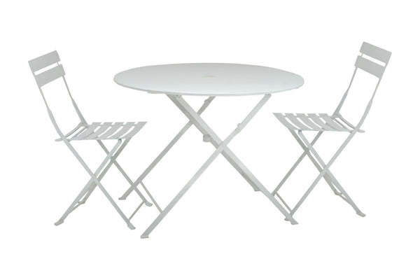 HomeRoots Three Piece White Metal Dining Set - Elegant Round Table with 2 Chairs for Cozy Outdoor Spaces 610692