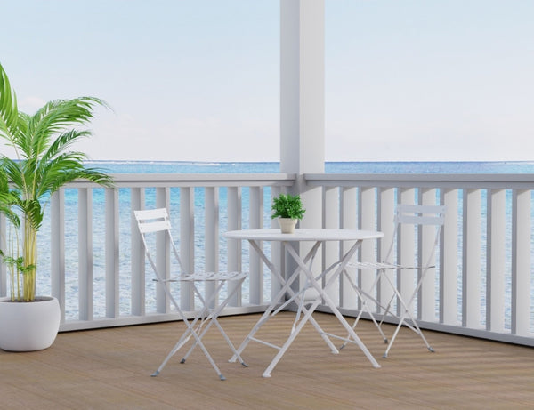 HomeRoots Three Piece White Metal Dining Set - Elegant Round Table with 2 Chairs for Cozy Outdoor Spaces 610692