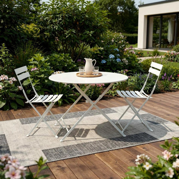HomeRoots Three Piece White Metal Dining Set - Elegant Round Table with 2 Chairs for Cozy Outdoor Spaces 610692