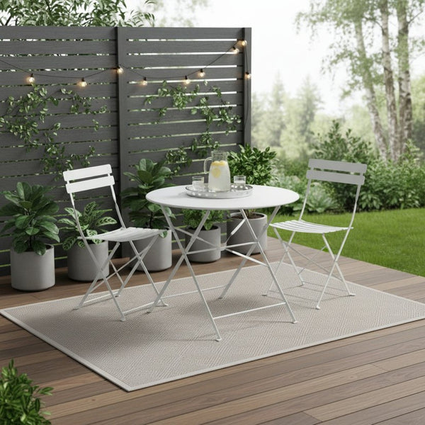 HomeRoots Three Piece White Metal Dining Set - Elegant Round Table with 2 Chairs for Cozy Outdoor Spaces 610692