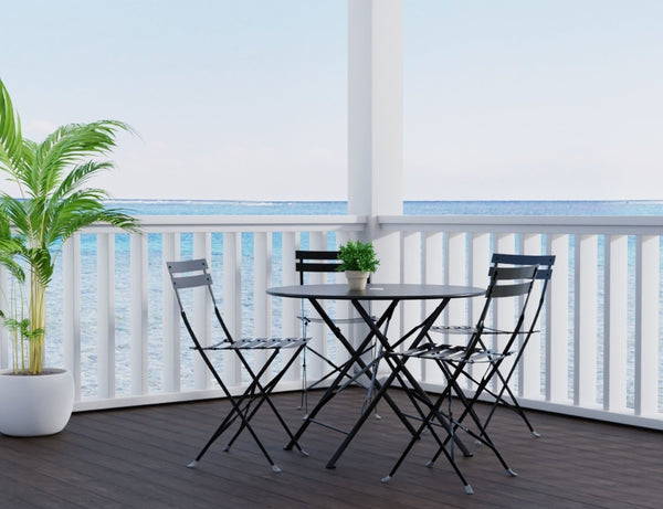 HomeRoots Five-Piece Black Metal Dining Set: Stylish Round Table & Four Chairs for Modern Outdoor Spaces 610693