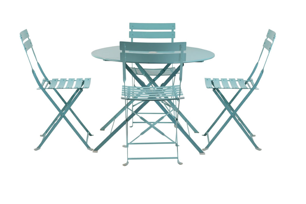 HomeRoots Five-Piece Teal Blue Metal Dining Set - Stylish Round Table & Four Chairs for Cozy Outdoor Spaces 610694