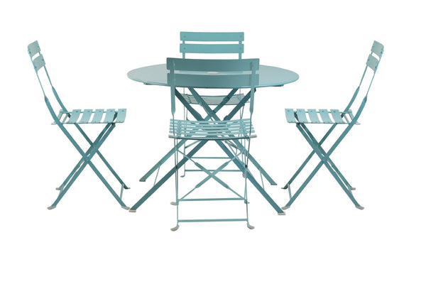 HomeRoots Five-Piece Teal Blue Metal Dining Set - Stylish Round Table & Four Chairs for Cozy Outdoor Spaces 610694
