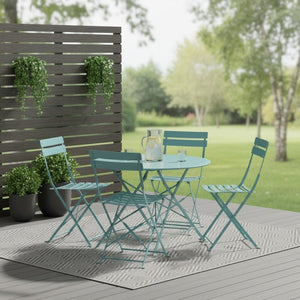 HomeRoots Five-Piece Teal Blue Metal Dining Set - Stylish Round Table & Four Chairs for Cozy Outdoor Spaces 610694