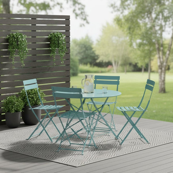 HomeRoots Five-Piece Teal Blue Metal Dining Set - Stylish Round Table & Four Chairs for Cozy Outdoor Spaces 610694