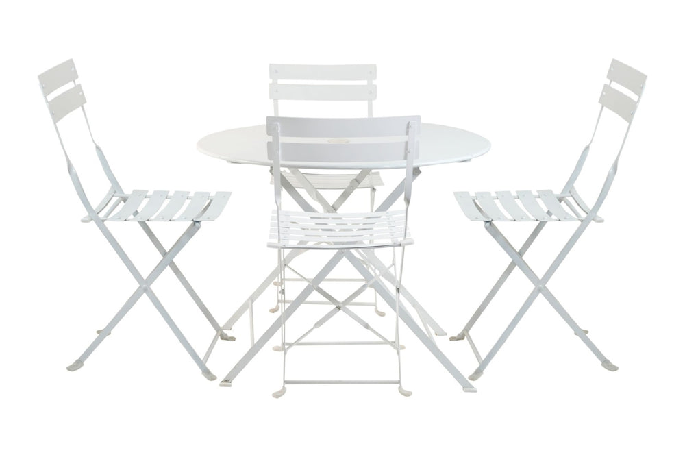 HomeRoots Five Piece White Round Metal Dining Set – Elegant Bistro Table & Chairs for Outdoor Spaces 610695