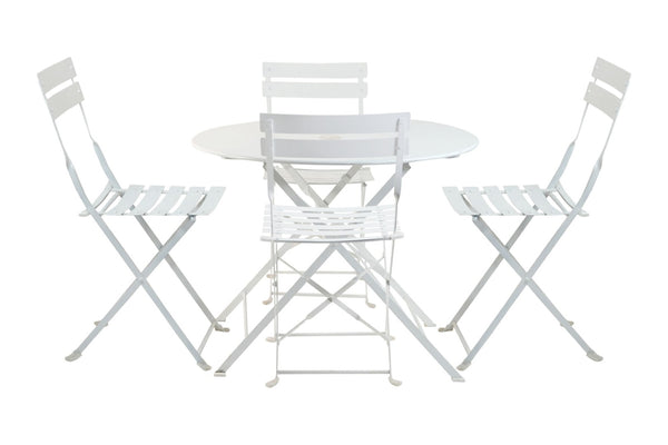 HomeRoots Five Piece White Round Metal Dining Set – Elegant Bistro Table & Chairs for Outdoor Spaces 610695