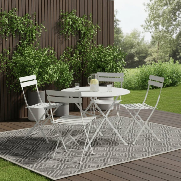 HomeRoots Five Piece White Round Metal Dining Set – Elegant Bistro Table & Chairs for Outdoor Spaces 610695