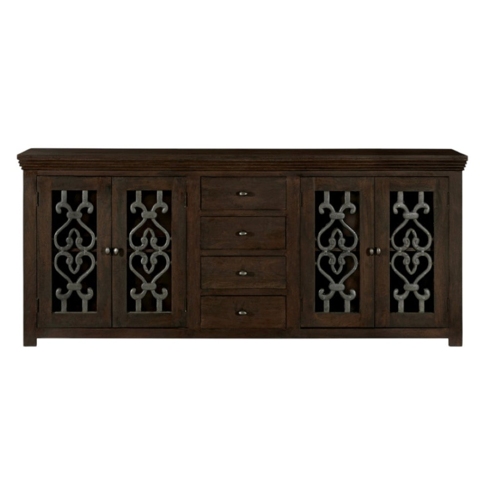 HomeRoots 84" Brown Distressed Solid Wood Sideboard with Glass Doors – Vintage Storage Solution for Any Room 610696