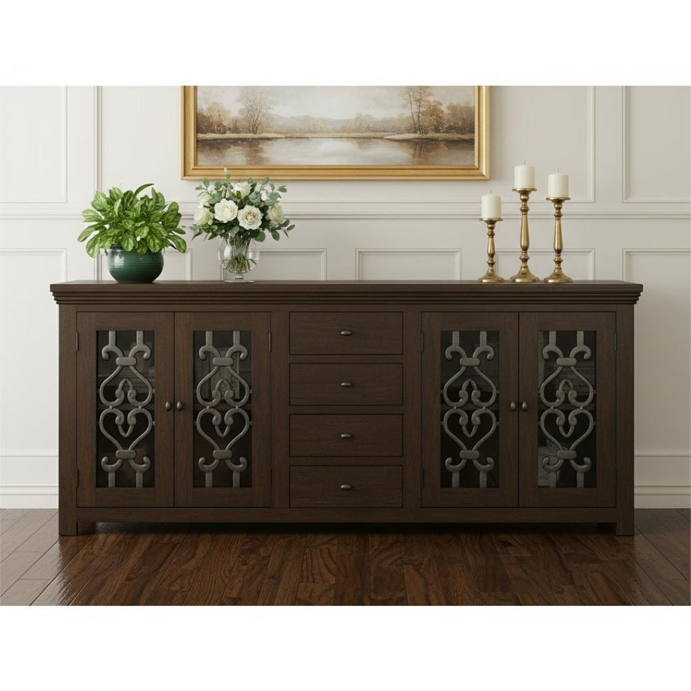 HomeRoots 84" Brown Distressed Solid Wood Sideboard with Glass Doors – Vintage Storage Solution for Any Room 610696