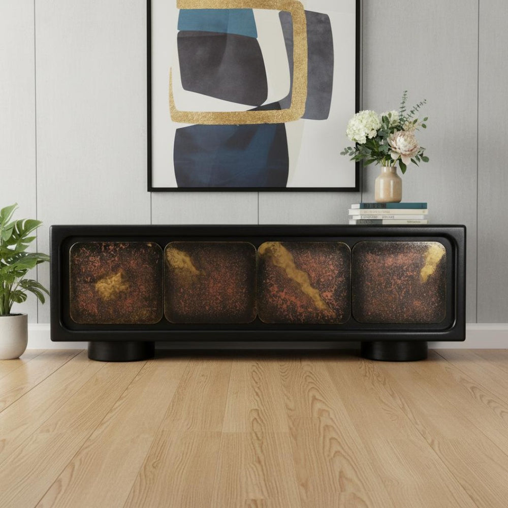 HomeRoots 75" Black Distressed Solid Wood Sideboard – Stylish Storage Cabinet for Any Room, Buffet & More! 610699