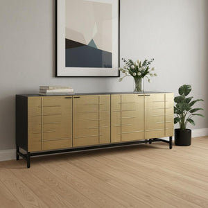 HomeRoots 72" Gold Iron Ribbed Sideboard - Chic Storage Cabinet with 4 Doors for Modern Home Décor & Organization 610700