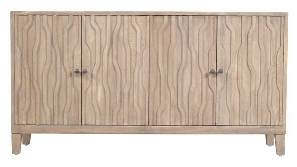 HomeRoots 69" Ivory Distressed Reclaimed Wood Sideboard – Elegant Storage with Geometric Carving & Modern Charm 610705