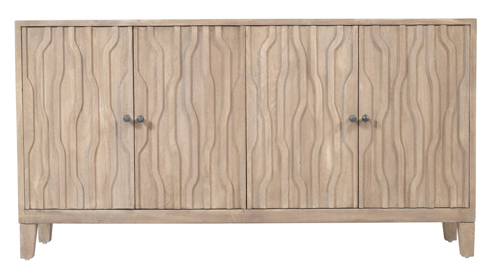 HomeRoots 69" Ivory Distressed Reclaimed Wood Sideboard – Elegant Storage with Geometric Carving & Modern Charm 610705