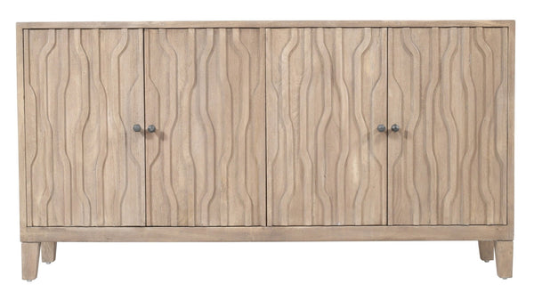 HomeRoots 69" Ivory Distressed Reclaimed Wood Sideboard – Elegant Storage with Geometric Carving & Modern Charm 610705