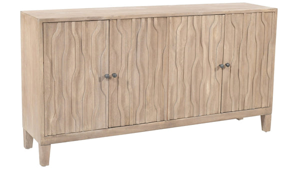 HomeRoots 69" Ivory Distressed Reclaimed Wood Sideboard – Elegant Storage with Geometric Carving & Modern Charm 610705