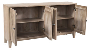 HomeRoots 69" Ivory Distressed Reclaimed Wood Sideboard – Elegant Storage with Geometric Carving & Modern Charm 610705