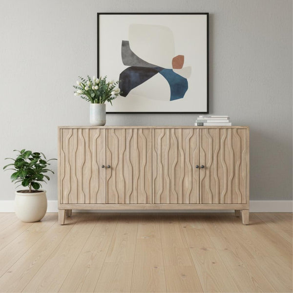 HomeRoots 69" Ivory Distressed Reclaimed Wood Sideboard – Elegant Storage with Geometric Carving & Modern Charm 610705