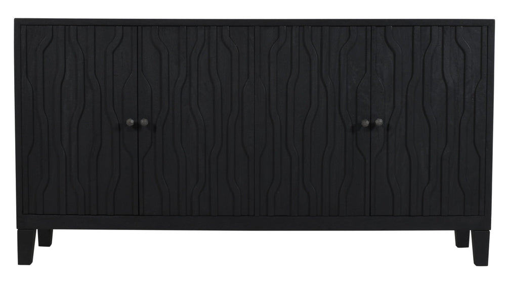 HomeRoots 69" Graphite Distressed Reclaimed Wood Sideboard - Artisan Carved Storage Cabinet with Four Doors 610706