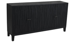 HomeRoots 69" Graphite Distressed Reclaimed Wood Sideboard - Artisan Carved Storage Cabinet with Four Doors 610706