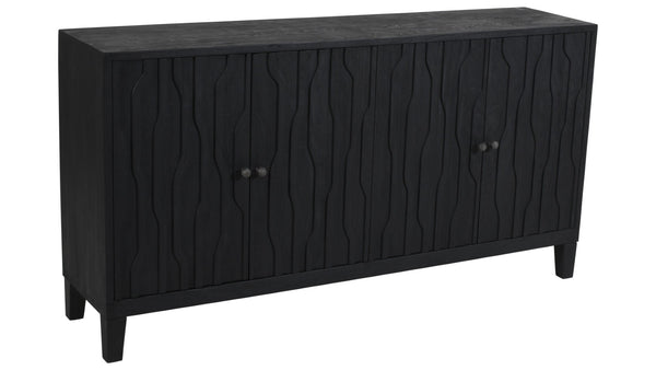 HomeRoots 69" Graphite Distressed Reclaimed Wood Sideboard - Artisan Carved Storage Cabinet with Four Doors 610706