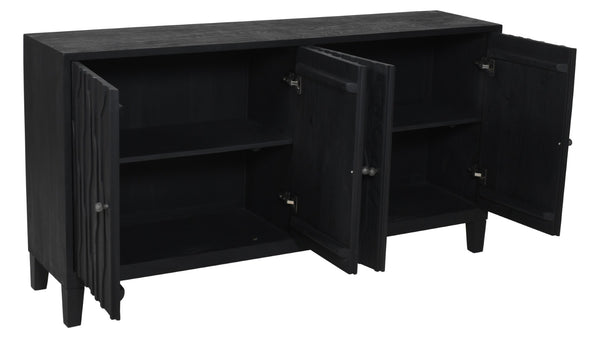 HomeRoots 69" Graphite Distressed Reclaimed Wood Sideboard - Artisan Carved Storage Cabinet with Four Doors 610706