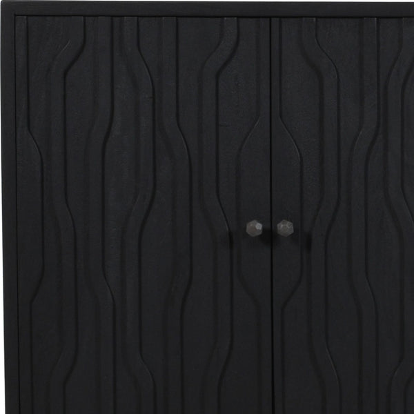 HomeRoots 69" Graphite Distressed Reclaimed Wood Sideboard - Artisan Carved Storage Cabinet with Four Doors 610706