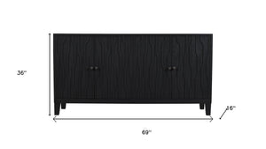 HomeRoots 69" Graphite Distressed Reclaimed Wood Sideboard - Artisan Carved Storage Cabinet with Four Doors 610706