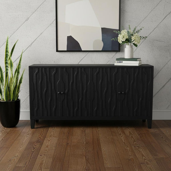 HomeRoots 69" Graphite Distressed Reclaimed Wood Sideboard - Artisan Carved Storage Cabinet with Four Doors 610706