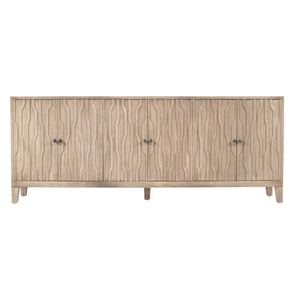 HomeRoots 92" Ivory Distressed Reclaimed Wood Sideboard - Handcrafted Geometric Design with Ample Storage Space 610707