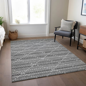 HomeRoots 5' Stylish Gray and Silver Geometric Washable Area Rug for Indoor and Outdoor High-Traffic Spaces 9' X 12' 610713