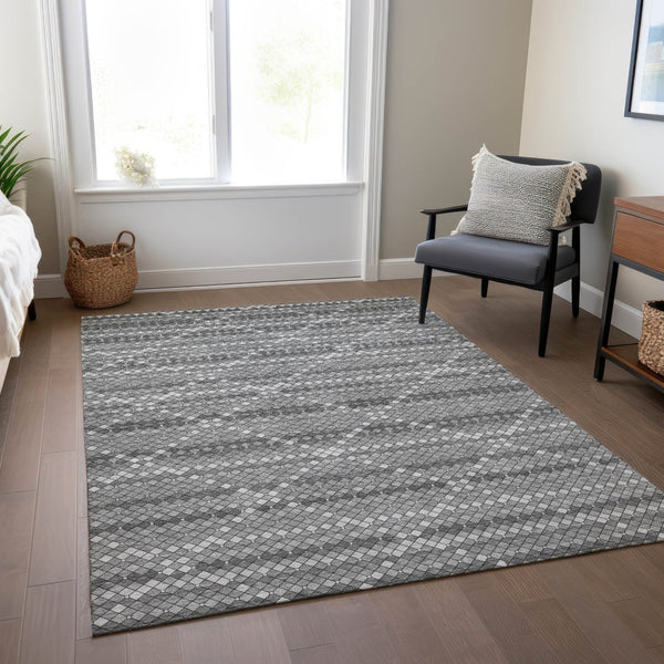 HomeRoots 5' Stylish Gray and Silver Geometric Washable Area Rug for Indoor and Outdoor High-Traffic Spaces 9' X 12' 610713