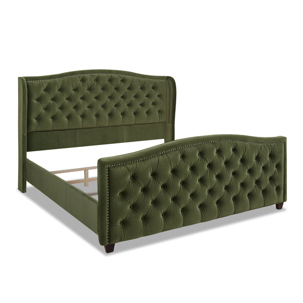 English Elm Jennifer Taylor Home - Marcella Upholstered Shelter Headboard Bed Set - King Size, Olive Green Velvet For Modern Luxury B2719P238229